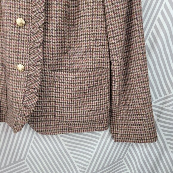 New $179 Talbots Blazer 14 Houndstooth Brown Ruffle Trim Plaid Wool NWT Academia - Picture 6 of 11